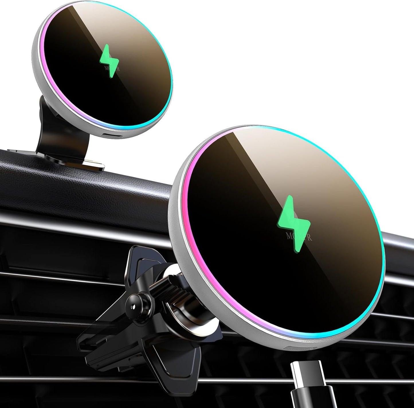 for Magsafe Car Mount Charger-15W Wireless Car Charger-Magnetic Car Phone Holder for Dash Air Vent-Led RGB Handsfree Car Mount Fast Car Charger for Iphone 15/14/13/12 Series Silver