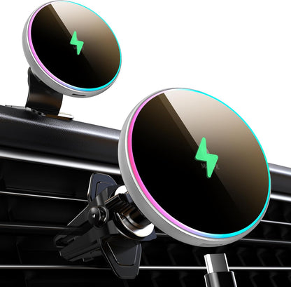 for Magsafe Car Mount Charger-15W Wireless Car Charger-Magnetic Car Phone Holder for Dash Air Vent-Led RGB Handsfree Car Mount Fast Car Charger for Iphone 15/14/13/12 Series Silver