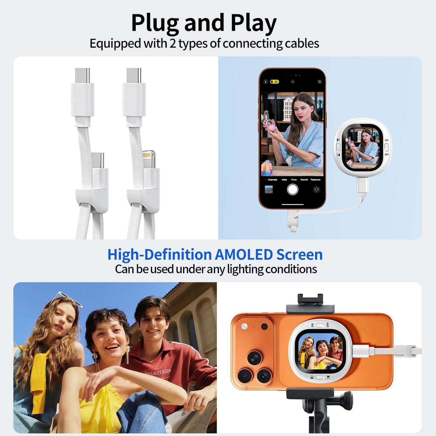 Mini Magnetic Vlog Selfie Monitor Screen Iphone with Remote, Compact Portable Back Camera Monitor Iphone with Screen Mirroring, HD AMOLED Phone Monitor Screen for Tiktok/Youtube (Only for Ios)