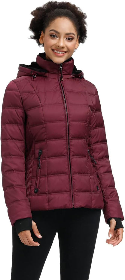 Women down Puffer Jacket Warm Hooded Winter down Puffer Coat with Faux-Fur Hood & Collar