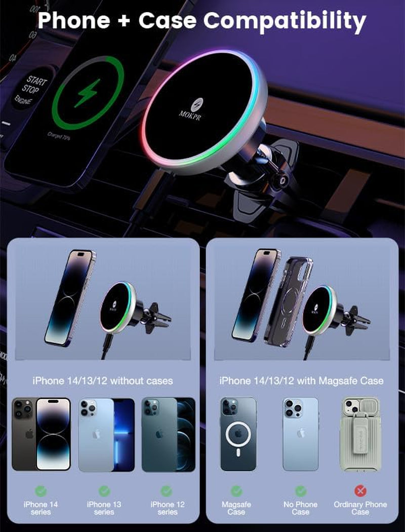 for Magsafe Car Mount Charger-15W Wireless Car Charger-Magnetic Car Phone Holder for Dash Air Vent-Led RGB Handsfree Car Mount Fast Car Charger for Iphone 15/14/13/12 Series Silver