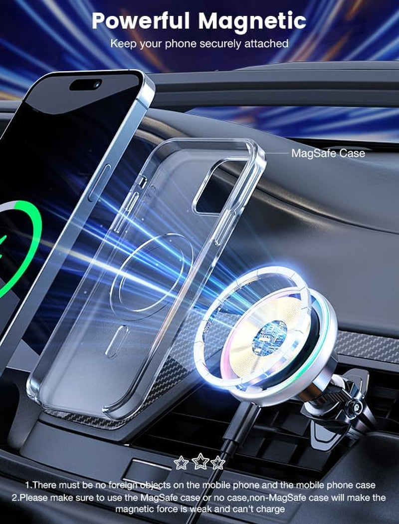 for Magsafe Car Mount Charger-15W Wireless Car Charger-Magnetic Car Phone Holder for Dash Air Vent-Led RGB Handsfree Car Mount Fast Car Charger for Iphone 15/14/13/12 Series Silver