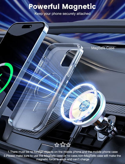 for Magsafe Car Mount Charger-15W Wireless Car Charger-Magnetic Car Phone Holder for Dash Air Vent-Led RGB Handsfree Car Mount Fast Car Charger for Iphone 15/14/13/12 Series Silver