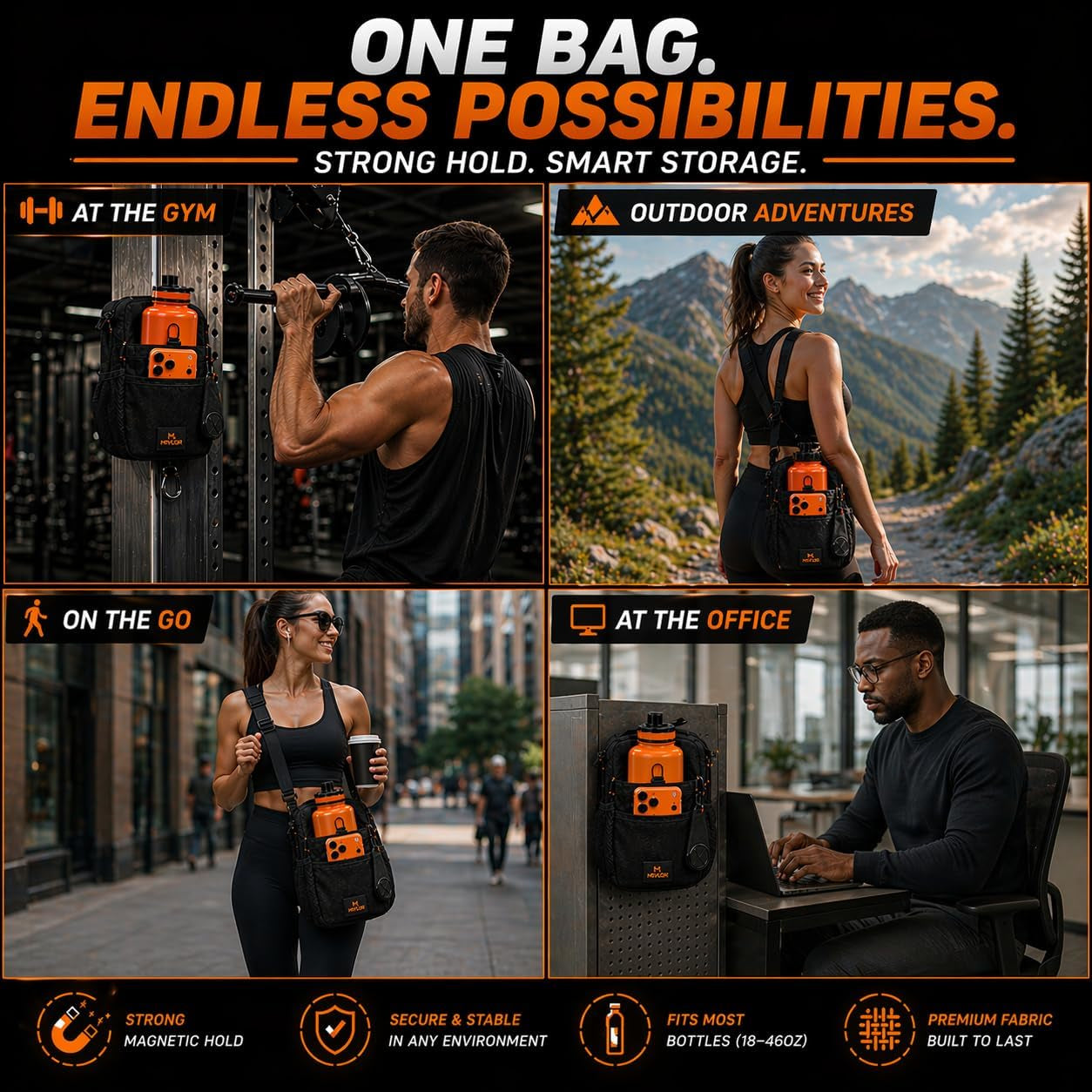 Magnetic Gym Bag for Men and Women - Magnet Water Bottle Holder Sling Carrier with Crossbody Shoulder Strap Gym Accessories Pouch,Phone Pockets for Sports,Travel,Walking,Workout