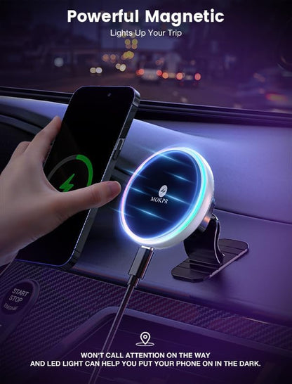 for Magsafe Car Mount Charger-15W Wireless Car Charger-Magnetic Car Phone Holder for Dash Air Vent-Led RGB Handsfree Car Mount Fast Car Charger for Iphone 15/14/13/12 Series Silver